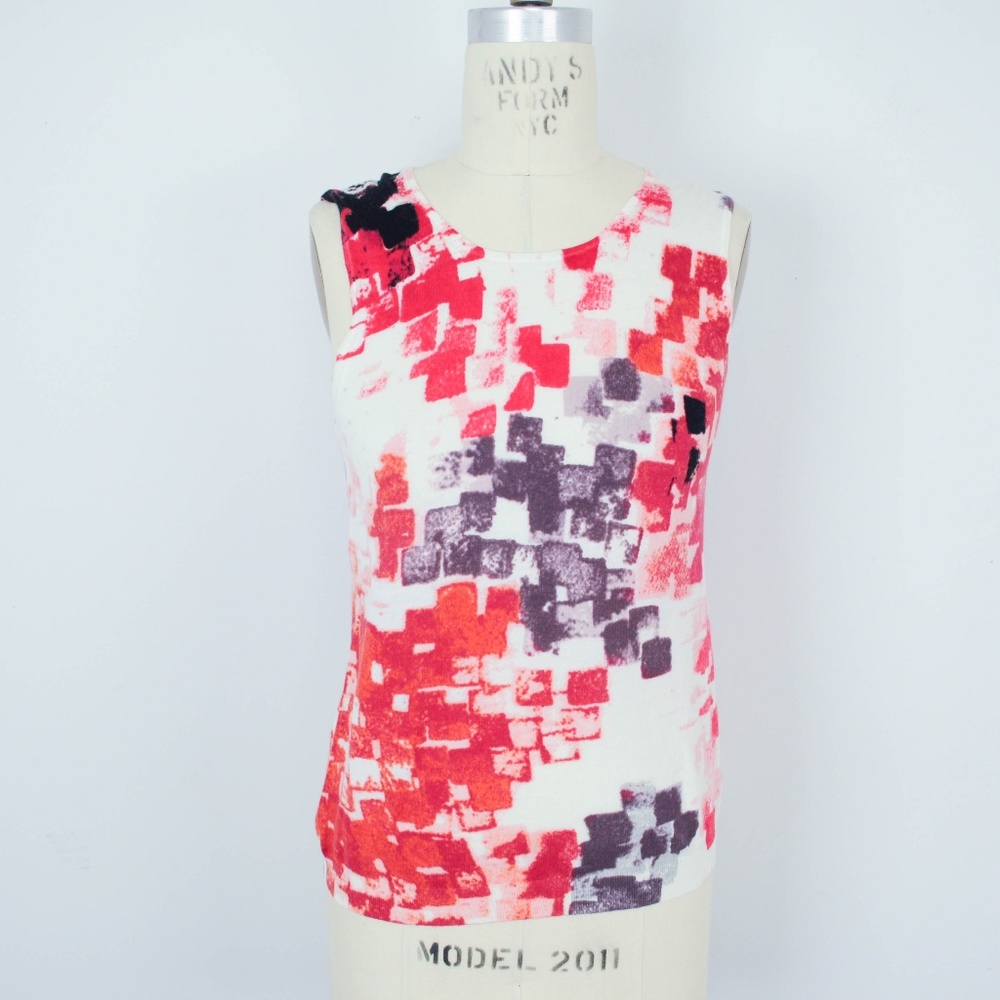 TSE Sleeveless Sweater 100% Cotton Abstract Print